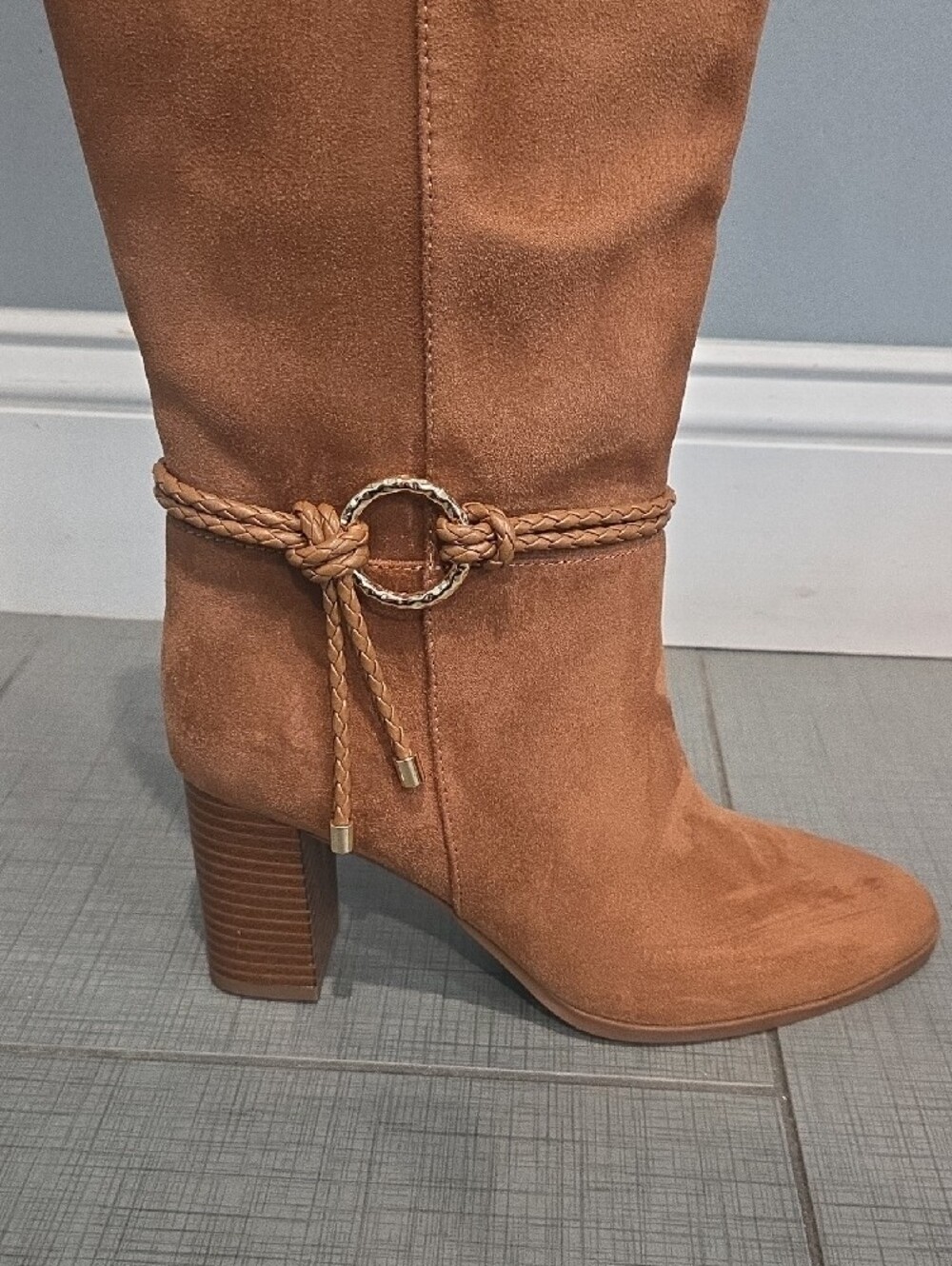 Tan Suede Mid-Calf Block Heel Boots with Rope Ring Accent Size 7 - Picture 3 of 6
